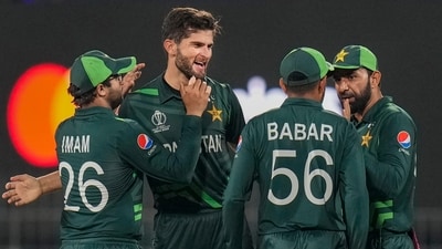 Shaheen Afridi with teammates celebrates the wicket of Afghanistan's batter Rahmanullah Gurbaz during the World Cup 2023 match between Pakistan and Afghanistan (PTI) Shaheen Afridi with teammates celebrates the wicket of Afghanistan's batter Rahmanullah Gurbaz during the World Cup 2023 match between Pakistan and Afghanistan (PTI)