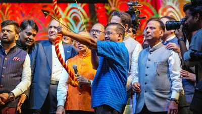 Delhi Lieutenant Governor V K Saxena and Chief Minister Arvind Kejriwal also attended Dussehra festivities hosted by different Ramlila committees. (PTI) Delhi Lieutenant Governor V K Saxena and Chief Minister Arvind Kejriwal also attended Dussehra festivities hosted by different Ramlila committees. (PTI)