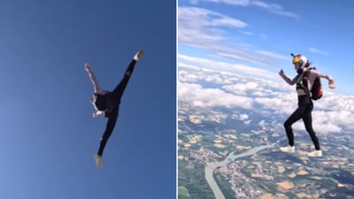 The image shows a woman performing gymnastic moves while skydiving. (Instagram/@kuczynska.maja) The image shows a woman performing gymnastic moves while skydiving. (Instagram/@kuczynska.maja)