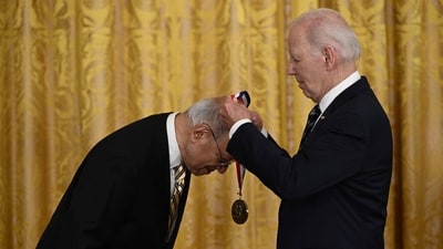 US President Joe Biden awards the National Medal of Technology and Innovation to Ashok Gadgil during a ceremony (AFP) US President Joe Biden awards the National Medal of Technology and Innovation to Ashok Gadgil during a ceremony (AFP)