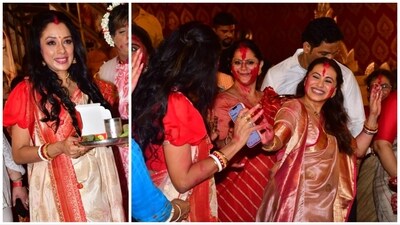 Rupali Ganguly and Rani Mukerji danced together during Sindoor Khela. Rupali Ganguly and Rani Mukerji danced together during Sindoor Khela.