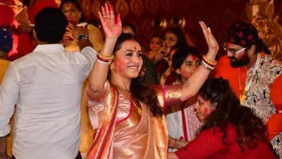 Rani Mukerji was the happiest on last day of the Durga Puja and danced her heart out during the Sindoor Khela. Decked up in a beige and golden silk saree and wearing shakha pola, the actor had sindoor (vermillion) smeared on her as she took an active part in the celebrations. Rani Mukerji was the happiest on last day of the Durga Puja and danced her heart out during the Sindoor Khela. Decked up in a beige and golden silk saree and wearing shakha pola, the actor had sindoor (vermillion) smeared on her as she took an active part in the celebrations. 