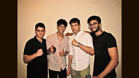 10 Hours crew (from left to right) : Apurva Singh- writer and director, Eshaan Ghosh- director, DOP and editor, Dhrit Khona- antagonist of the film, Luksh Uchil- protagonist of the film. (ht photo)