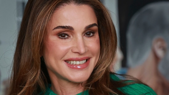 Queen Rania of Jordan smiles at the Conway Education Centre as she attends the One Young World Summit at Conway Mill in Belfast, Northern Ireland, Tuesday, Oct. 3, 2023. (Liam McBurney/PA via AP) (AP)