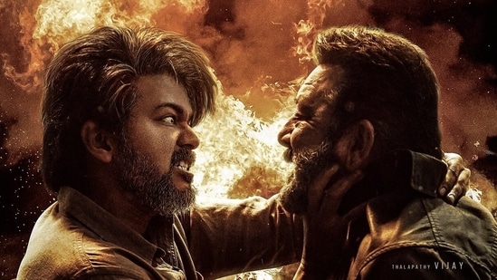 Vijay and Sanjay Dutt in a scene from Leo.