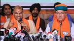 Rajasthan BJP president CP Joshi and Union minister Arjun Ram Meghwal address a press conference in Jaipur on Thursday. (PTI)