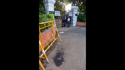 A scene outside the Raj Bhavan after a petrol bomb was hurled outside its main gate, in Chennai, Wednesday. (PTI) A scene outside the Raj Bhavan after a petrol bomb was hurled outside its main gate, in Chennai, Wednesday. (PTI)