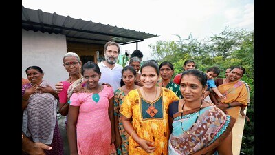 Congress leader Rahul Gandhi meets people during Bharat Jodo Yatra in Ballari in September 2022. (ANI) Congress leader Rahul Gandhi meets people during Bharat Jodo Yatra in Ballari in September 2022. (ANI)