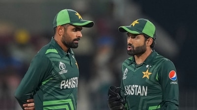 Pakistan's captain Babar Azam and wicketkeeper Mohammad Rizwan talk during the ICC Men's Cricket World Cup match between Pakistan and Afghanistan in Chennai (AP) Pakistan's captain Babar Azam and wicketkeeper Mohammad Rizwan talk during the ICC Men's Cricket World Cup match between Pakistan and Afghanistan in Chennai (AP)