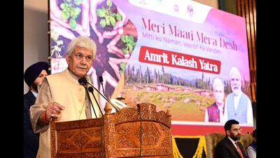 J&K L-G Manoj Sinha speaks during the flagging off ceremony of the 'Amrit Kalash Yatra' under 'Meri Maati Mera Desh' campaign, in Srinagar on Thursday. (PTI) J&K L-G Manoj Sinha speaks during the flagging off ceremony of the 'Amrit Kalash Yatra' under 'Meri Maati Mera Desh' campaign, in Srinagar on Thursday. (PTI)