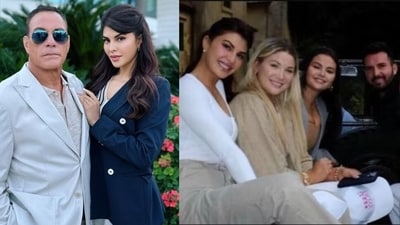 Jacqueline Fernandez with Jean-Claude Van Damme (L); with Selena Gomez. Jacqueline Fernandez with Jean-Claude Van Damme (L); with Selena Gomez.
