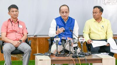 Manipur education minister Th Basantakumar Singh spoke to media on Thursday (HT Photo/Sourced) Manipur education minister Th Basantakumar Singh spoke to media on Thursday (HT Photo/Sourced)