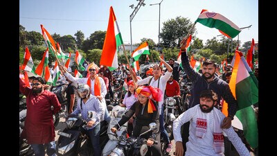 Members of PoJK Visthapit Sewa Samiti take out a bike rally on the occasion of 'Vilay Divas', in Jammu on Thursday. (PTI) Members of PoJK Visthapit Sewa Samiti take out a bike rally on the occasion of 'Vilay Divas', in Jammu on Thursday. (PTI)