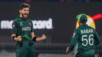 Pakistan's bowler Shaheen Afridi with Babar Azam (PTI) Pakistan's bowler Shaheen Afridi with Babar Azam (PTI)