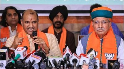 Rajasthan BJP president CP Joshi and Union minister Arjun Ram Meghwal address a press conference in Jaipur on Thursday. (PTI) Rajasthan BJP president CP Joshi and Union minister Arjun Ram Meghwal address a press conference in Jaipur on Thursday. (PTI)