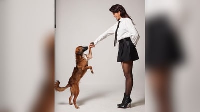 In another look, Jacqueline wore a crisp, full-sleeved white shirt with a black tie and a mini flared skirt. With black stockings and shiny pointed boots, she poses with an adorable dog. (Instagram/@jacquelienefernandez) In another look, Jacqueline wore a crisp, full-sleeved white shirt with a black tie and a mini flared skirt. With black stockings and shiny pointed boots, she poses with an adorable dog. (Instagram/@jacquelienefernandez)