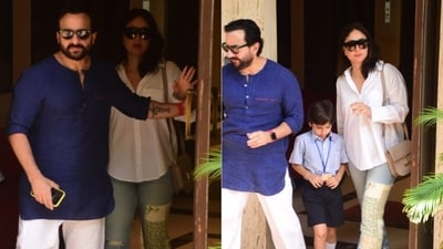 Saif Ali Khan, Kareena Kapoor and Taimur Ali Khan outside their home.