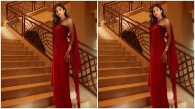 Shilpa decked up in the red saree with a red and pink printed organza off-shoulder blouse. The blouse featured corset patterns. (Instagram/@theshilpashetty) Shilpa decked up in the red saree with a red and pink printed organza off-shoulder blouse. The blouse featured corset patterns. (Instagram/@theshilpashetty)