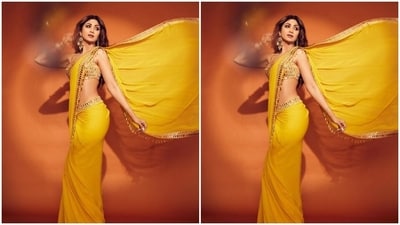 Shilpa's saree diaries are our favourite and for all the right reasons. here's a picture of the actor rocking a yellow chiffon saree to perfection. (Instagram/@theshilpashetty) Shilpa's saree diaries are our favourite and for all the right reasons. here's a picture of the actor rocking a yellow chiffon saree to perfection. (Instagram/@theshilpashetty)