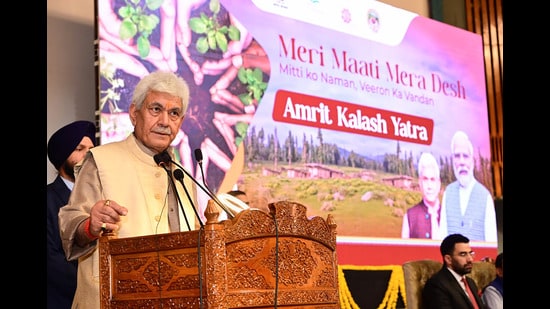 J&K L-G Manoj Sinha speaks during the flagging off ceremony of the 'Amrit Kalash Yatra' under 'Meri Maati Mera Desh' campaign, in Srinagar on Thursday. (PTI)