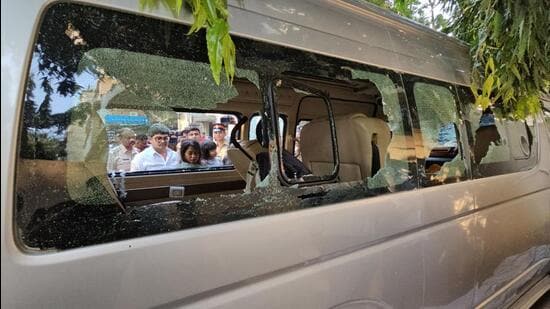 Mumbai, India – Oct 26, 2023: Adv. Gunaratna Sadavarte's cars were destroyed by an unknown person at Crystal Tower in Parel residence, in Mumbai, India, on Thursday, Oct 26, 2023. (Photo by Bhushan Koyande/HT Photo)