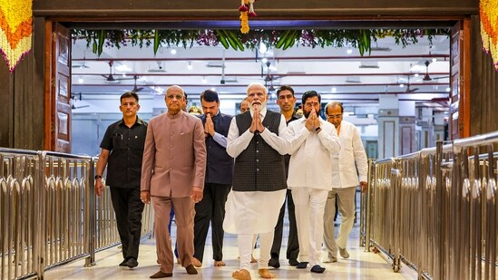 PM Modi with Maharashtra Governor Ramesh Bais, Maharashtra Chief Minister Eknath Shinde, Deputy Chief Minister Devendra Fadnavis and others visits Shri Saibaba Samadhi Temple in Shirdi.(PTI)