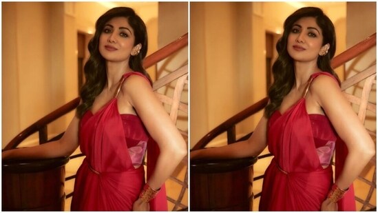 Shilpa played muse to fashion designer Amit Aggarwal and picked a red chiffon saree from the shelves of the designer.&nbsp;(Instagram/@theshilpashetty)