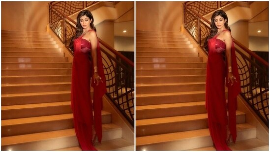 Painting Instagram in shades of red, Shilpa added golden ear cuffs, golden bracelets and rings as she accessorised her look. Styled by fashion stylist Chandani Mehta, Shilpa wore her tresses open in wavy curls with a side part.&nbsp;(Instagram/@theshilpashetty)
