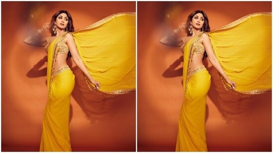 Shilpa's saree diaries are our favourite and for all the right reasons. here's a picture of the actor rocking a yellow chiffon saree to perfection.&nbsp;(Instagram/@theshilpashetty)