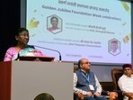 President Droupadi Murmu addresses a gathering during the inauguration of the Golden Jubilee Foundation Week at the Indian Institute of Management (IIM) Bangalore in Bengaluru.