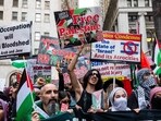NEW YORK, NEW YORK - OCTOBER 26: Supporters of Palestine hold a rally in New York's financial district as the fighting continues in Gaza on October 26, 2023. Spencer Platt/Getty Images/AFP (Photo by SPENCER PLATT / GETTY IMAGES NORTH AMERICA / Getty Images via AFP) NEW YORK, NEW YORK - OCTOBER 26: Supporters of Palestine hold a rally in New York's financial district as the fighting continues in Gaza on October 26, 2023. Spencer Platt/Getty Images/AFP (Photo by SPENCER PLATT / GETTY IMAGES NORTH AMERICA / Getty Images via AFP)