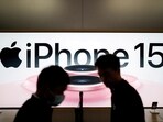 FILE PHOTO: An Apple iPhone 15 advertisement is seen as it officially goes on sale across China at an Apple Store in Shanghai, China September 22, 2023. REUTERS/Aly Song/File Photo