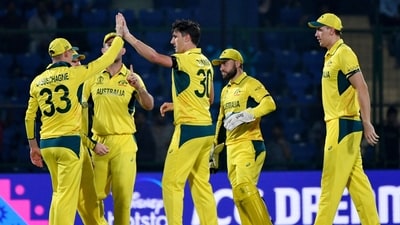 Australia's Pat Cummins and teammates celebrate the dismissal of Netherlands' Bas De Leede during their match in the ICC Men's Cricket World Cup 2023 (Rahul Singh)