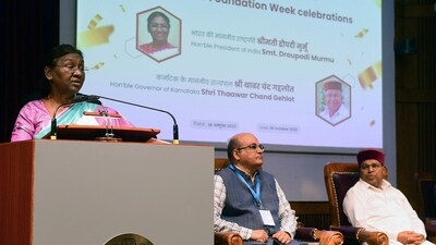 President Droupadi Murmu addresses a gathering during the inauguration of the Golden Jubilee Foundation Week at the Indian Institute of Management (IIM) Bangalore in Bengaluru. (ANI) President Droupadi Murmu addresses a gathering during the inauguration of the Golden Jubilee Foundation Week at the Indian Institute of Management (IIM) Bangalore in Bengaluru. (ANI)