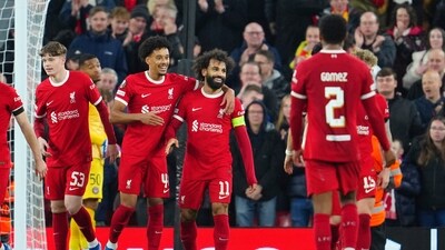 Liverpool's Mohamed Salah, centre, celebrates after scoring his side's fifth goal during the Europa League Group E soccer match vs Toulouse, at Anfield (AP) Liverpool's Mohamed Salah, centre, celebrates after scoring his side's fifth goal during the Europa League Group E soccer match vs Toulouse, at Anfield (AP)