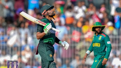Chennai: Pakistan's captain Babar Azam celebrates his half century during the ICC Men's Cricket World Cup 2023 match between Pakistan and South Africa, at M.A. Chidambaram Stadium, in Chennai, Friday, Oct. 27, 2023. (PTI Photo/R Senthil Kumar) (PTI10_27_2023_000136B) (PTI)