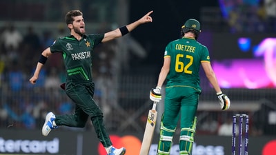 Chennai: Pakistan's bowler Shaheen Afridi celebrates the wicket of South Africa's batter Gerald Coetzee during the ICC Men's Cricket World Cup 2023 match between Pakistan and South Africa,  at MA Chidambaram Stadium, in Chennai, Friday, Oct. 27, 2023. (PTI Photo/R Senthil Kumar)(PTI10_27_2023_000428A) (PTI)