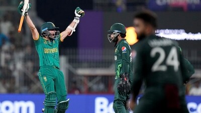 Chennai: South Africa's Keshav Maharaj celebrates after winning the ICC Men's Cricket World Cup 2023 match against Pakistan, at MA Chidambaram Stadium, in Chennai, Friday, Oct. 27, 2023. (PTI Photo/R Senthil Kumar)(PTI10_27_2023_000460A) (PTI)
