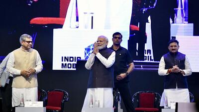 Prime Minister Narendra Modi at the India Mobile Congress. (ANI)