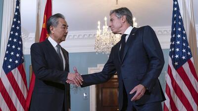 Secretary of State Antony Blinken shake hands with China's Foreign Minister Wang Yi after a bilateral meeting at the State Department in Washington, Thursday, Oct. 26, 2023. (AP) Secretary of State Antony Blinken shake hands with China's Foreign Minister Wang Yi after a bilateral meeting at the State Department in Washington, Thursday, Oct. 26, 2023. (AP)