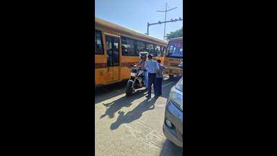 Sporting a furry bunny cover on his helmet, the youth was filmed by another commuter while performing stunts in Chandigarh on October 25. (HT)