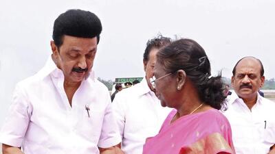 Tamil Nadu chief minister MK Stalin meets President Droupadi Murmu and hands over a letter. (ANI) Tamil Nadu chief minister MK Stalin meets President Droupadi Murmu and hands over a letter. (ANI)