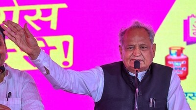 Rajasthan Chief Minister Ashok Gehlot with Rajasthan Congress president Govind Singh Dotasra addresses a press conference during the launch of the party's 7 guarantees ahead of the state assembly elections, in Jaipur. (PTI)