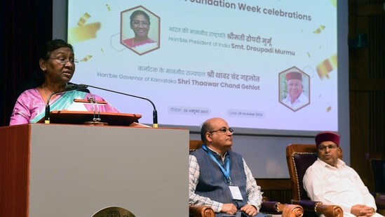President Droupadi Murmu addresses a gathering during the inauguration of the Golden Jubilee Foundation Week at the Indian Institute of Management (IIM) Bangalore in Bengaluru. (ANI)