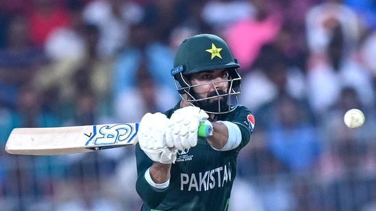 Pakistan's Shadab Khan plays a shot during the 2023 ICC Men's Cricket World Cup one-day international (ODI) match vs Afghanistan (AFP)