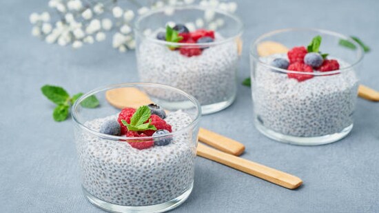Chia Pudding: Soaked chia seeds in almond milk, garnished with a topping of berries, create a nutritious and gratifying dessert.(gettyimages)