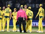 Australia's players greet each other after their victory in the 2023 ICC Men's Cricket World Cup one-day international (ODI) match between Australia and New Zealand Australia's players greet each other after their victory in the 2023 ICC Men's Cricket World Cup one-day international (ODI) match between Australia and New Zealand