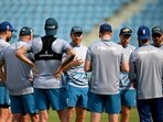 England's captain Jos Buttler (C) speaks with teammates during a practice session on the eve of their 2023 ICC Men's Cricket World Cup one-day international (ODI) match against India- England's captain Jos Buttler (C) speaks with teammates during a practice session on the eve of their 2023 ICC Men's Cricket World Cup one-day international (ODI) match against India-