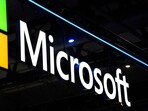A Microsoft logo is displayed at the MWC (Mobile World Congress) in Barcelona. 