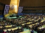 The UN General Assembly in an emergency special session to debate a resolution on the ongoing conflict between Israel and Hamas in New York City on October 27.